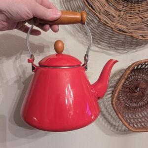 Red Enamel Tea Kettle with Wooden Handle